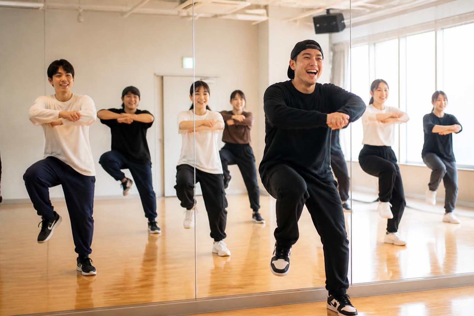 鏡のあるスタジオで踊る人たち
