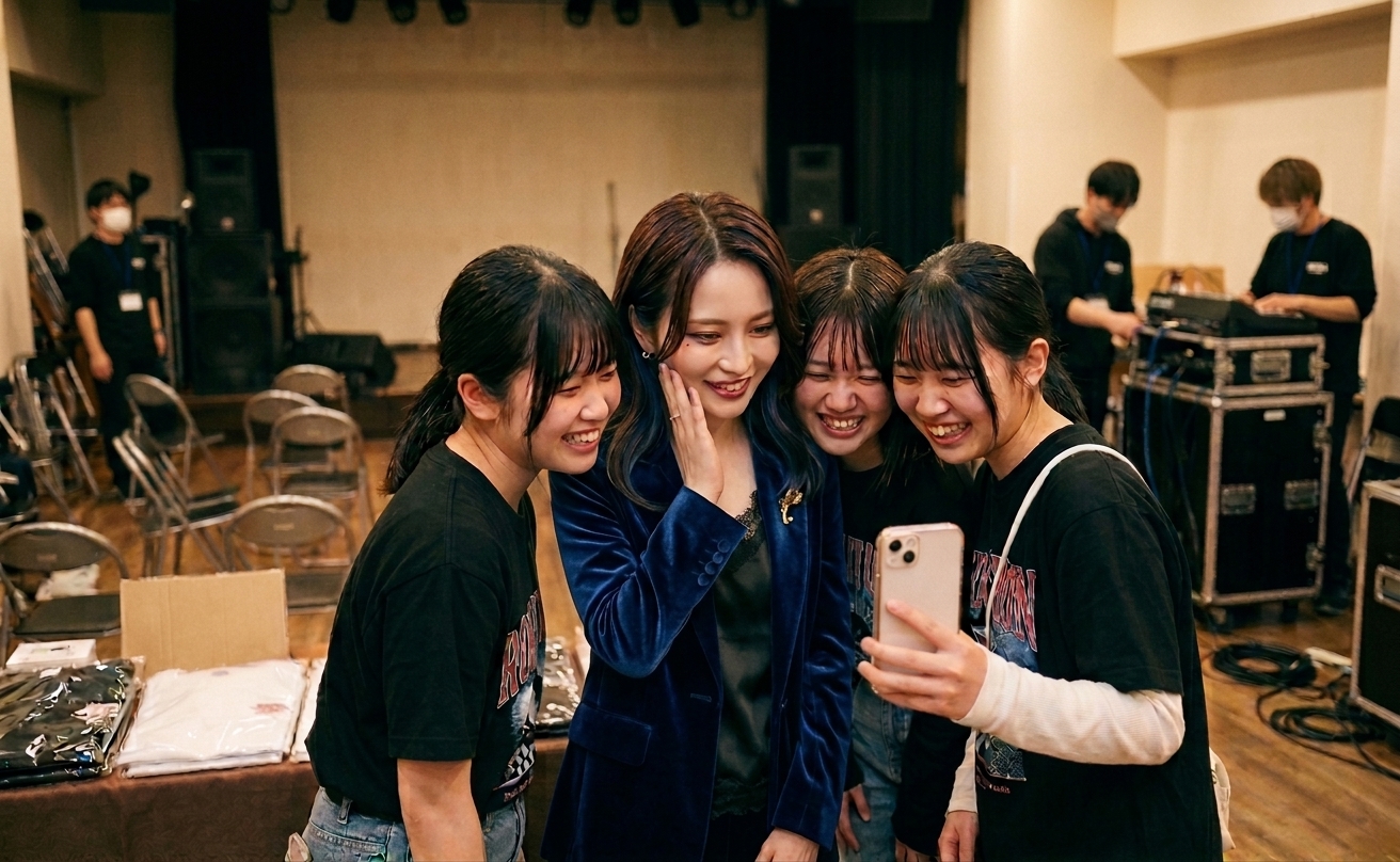 ファンと一緒に画面を覗き込む様子